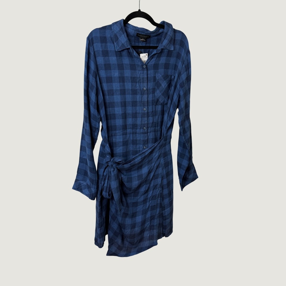 Sanctuary Blue Plaid Linen Blend Wrap Shirt Dress XL Fall Dark Preppy Grunge NWT - Picture 2 of 7